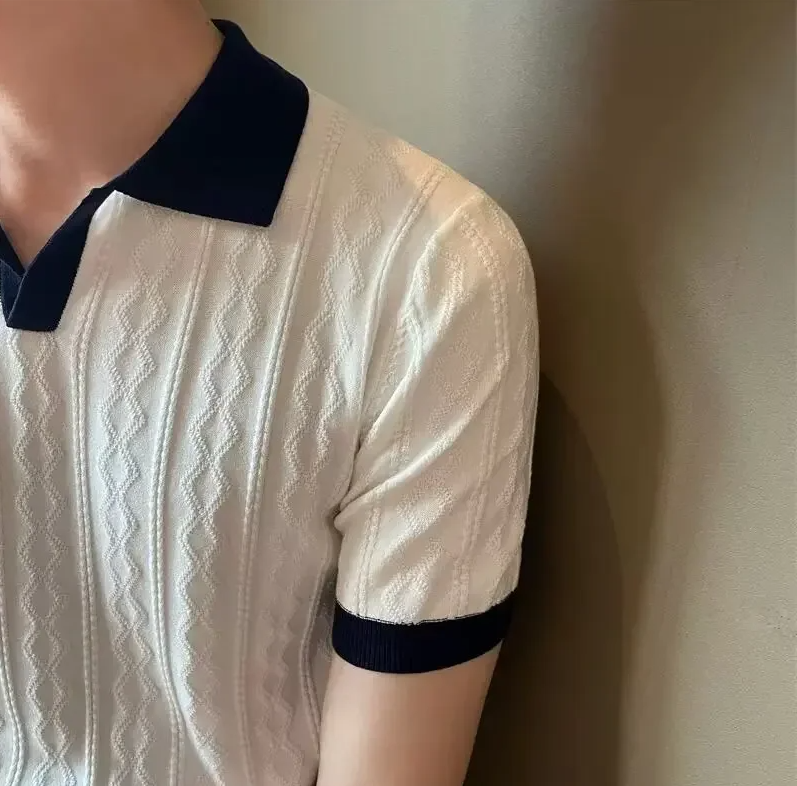 Short sleeve textured V neck polo 2-tone